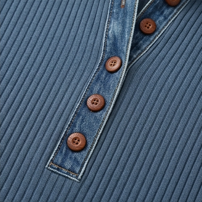 Layerelle – Ribbed Knit Denim-Trim Casual Top