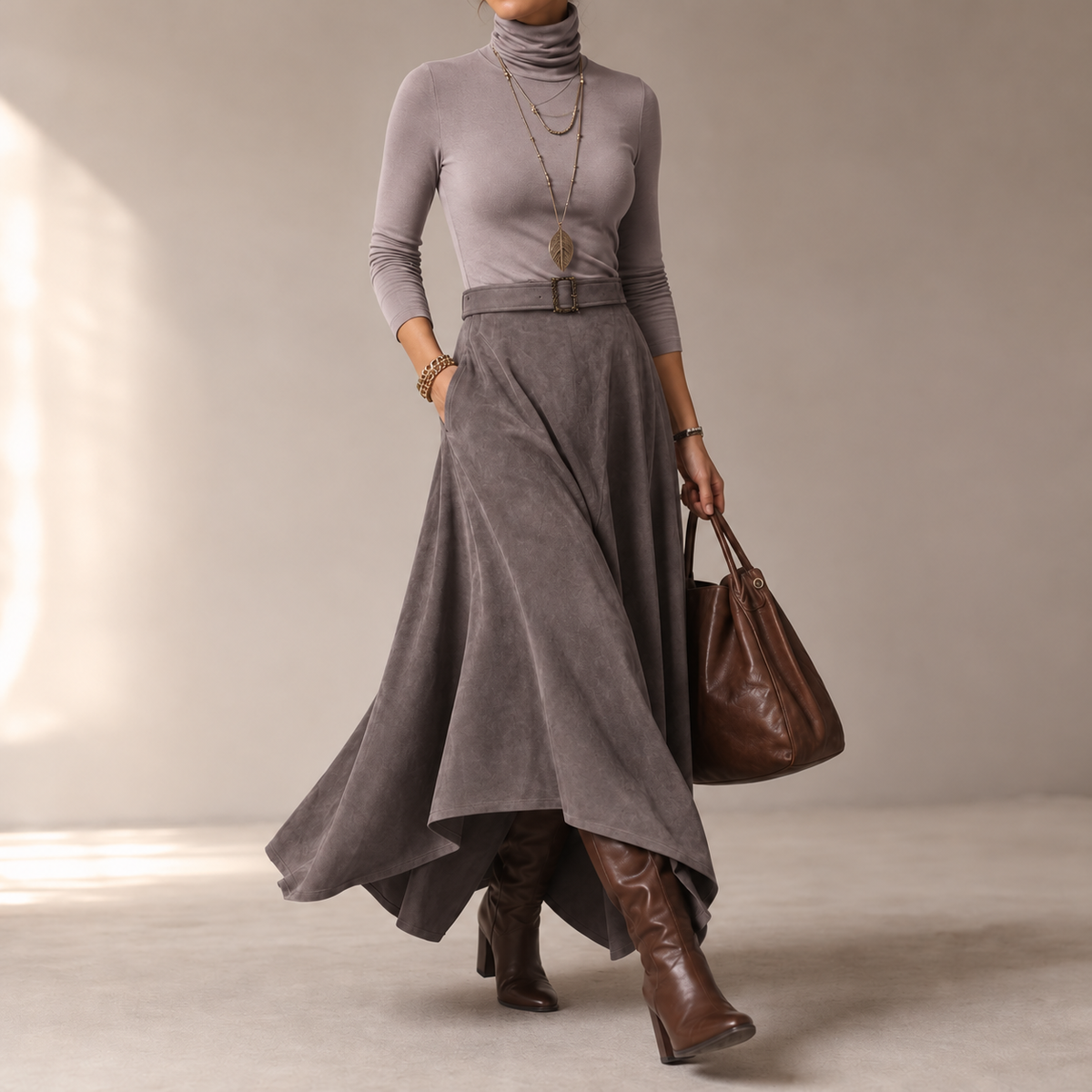 Ambrelle – Asymmetrical Pleated Faux-Suede Skirt Set