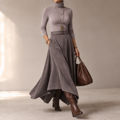 Ambrelle – Asymmetrical Pleated Faux-Suede Skirt Set