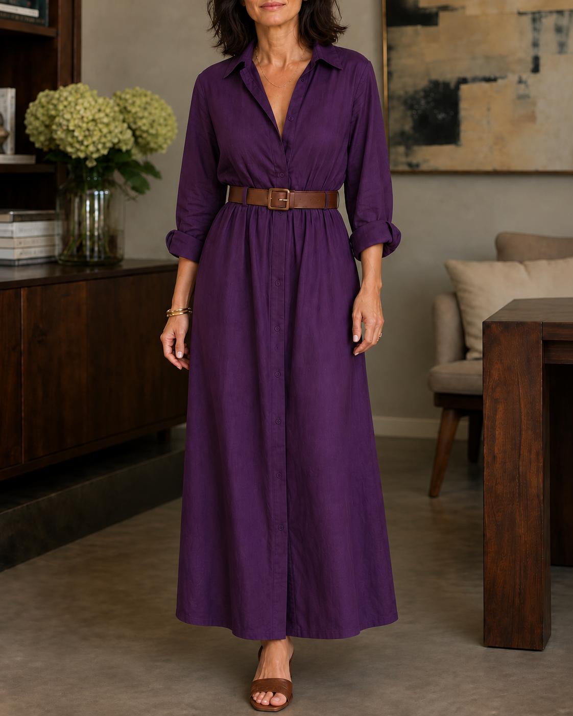 Belveil – Belted Collared Long-Sleeve Maxi Shirt Dress