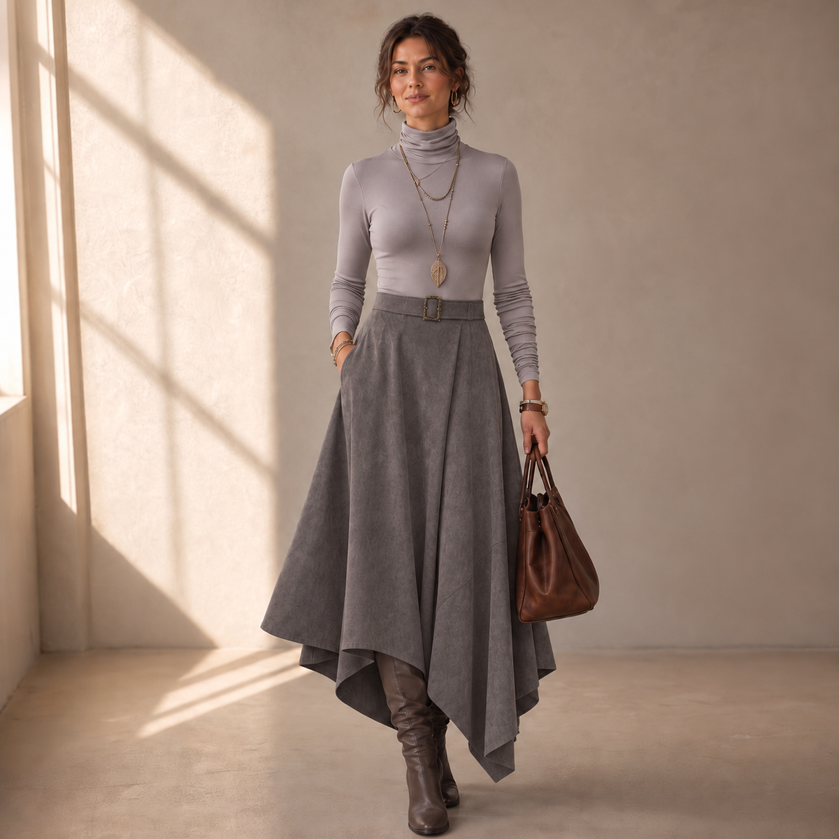 Ambrelle – Asymmetrical Pleated Faux-Suede Skirt Set