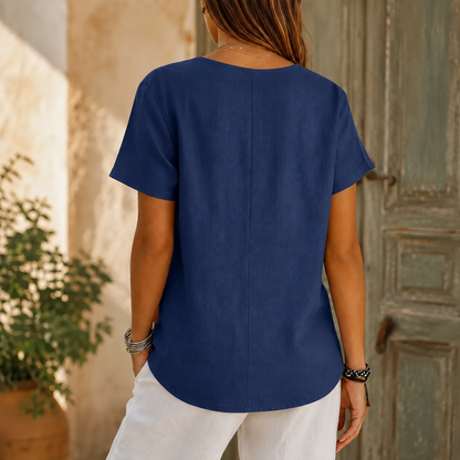 Woodelle – Relaxed V-Neck Blouse with Wood-like Buttons for Women