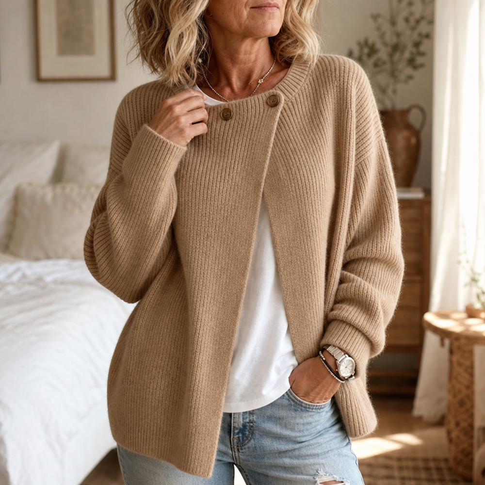 Asymira – Asymmetrical Neck Ribbed Button Cardigan