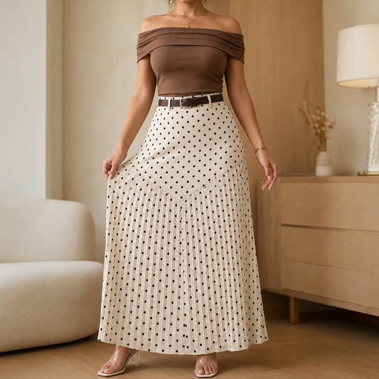 Dotelle – Polka Dot Pleated A-Line Midi Skirt
