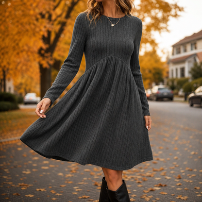 Arlina – High-Waist Ribbed Knit A-Line Midi Dress