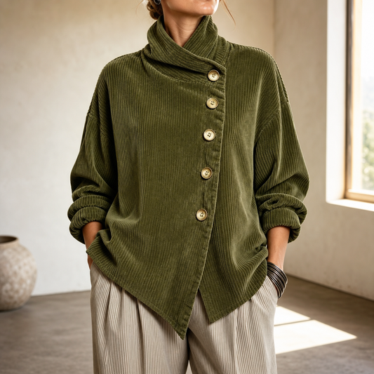 Fennora – Funnel Collar Asymmetric Button Corduroy Top