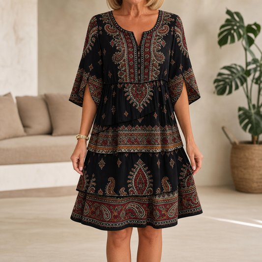 Paisora – Tiered Paisley Print Split-Sleeve Midi Dress