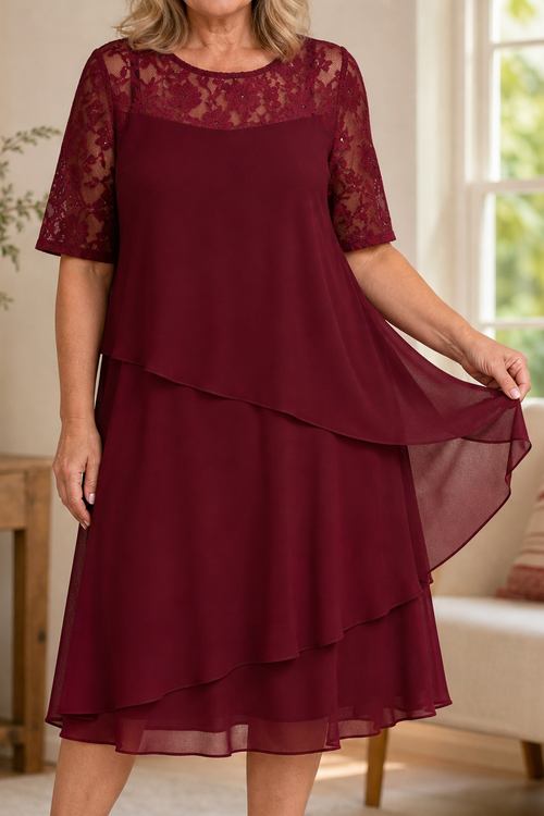 Yokelle – Tiered Lace Yoke High-Waist Midi Dress