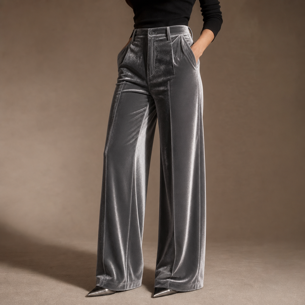 Plushara – Velvet High-Waisted Wide-Leg Trousers