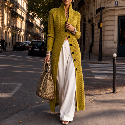 Cablemere – High Collar Cable-Knit Duster Cardigan