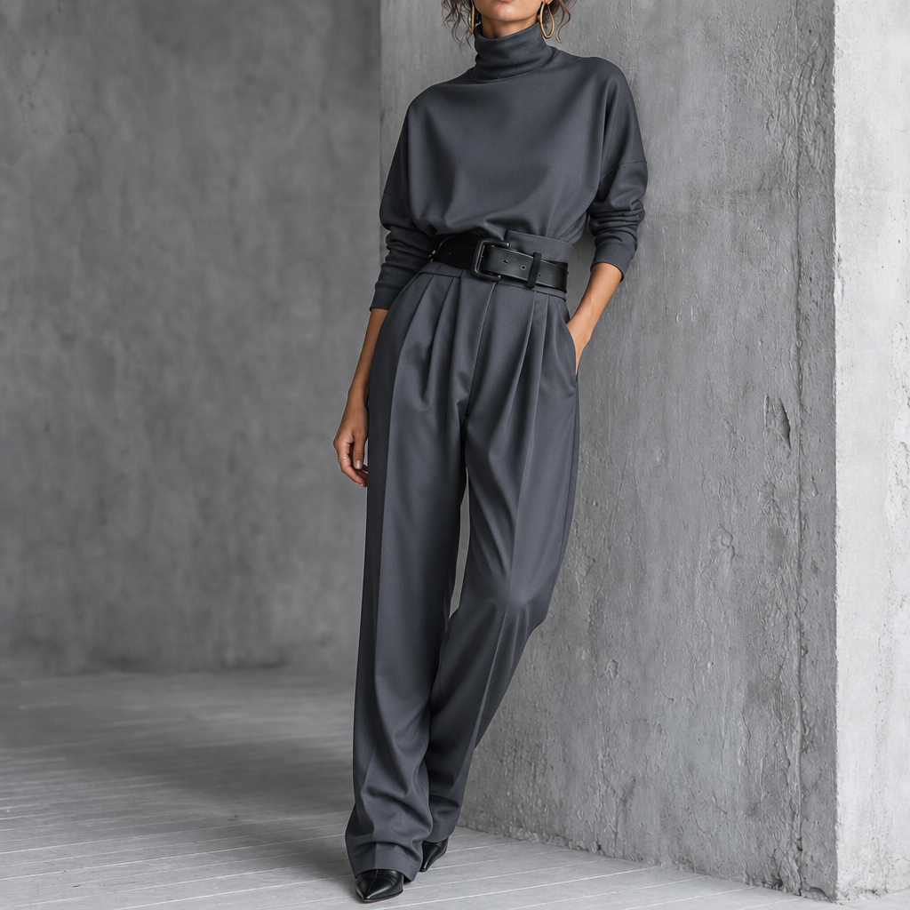 Beltara – High-Waist Turtleneck And Trouser Set With Belt