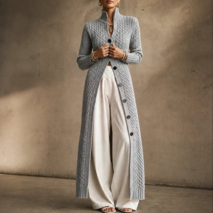 Cablemere – High Collar Cable-Knit Duster Cardigan