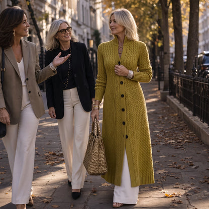 Cablemere – High Collar Cable-Knit Duster Cardigan