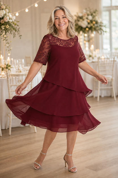 Yokelle – Tiered Lace Yoke High-Waist Midi Dress