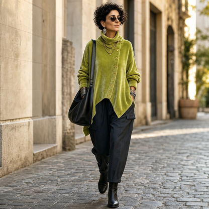 Velvara – Asymmetric Button Velvet Turtleneck Top