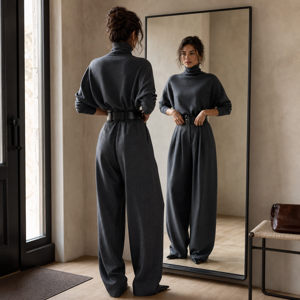 Beltara – High-Waist Turtleneck And Trouser Set With Belt