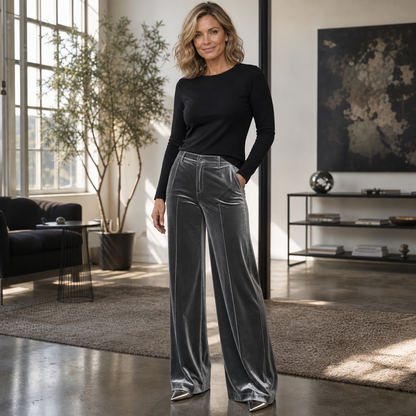 Plushara – Velvet High-Waisted Wide-Leg Trousers