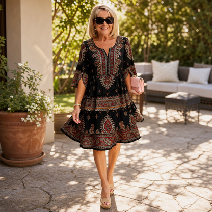 Paisora – Tiered Paisley Print Split-Sleeve Midi Dress