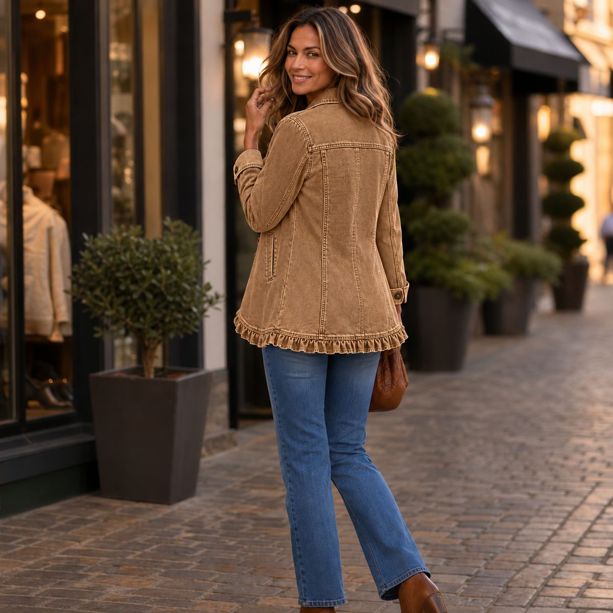 Frillane – Ruffle-Trim Button-Front Denim-Look Jacket