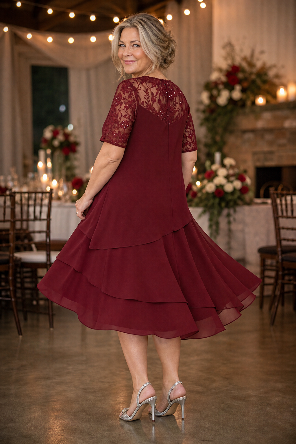Yokelle – Tiered Lace Yoke High-Waist Midi Dress