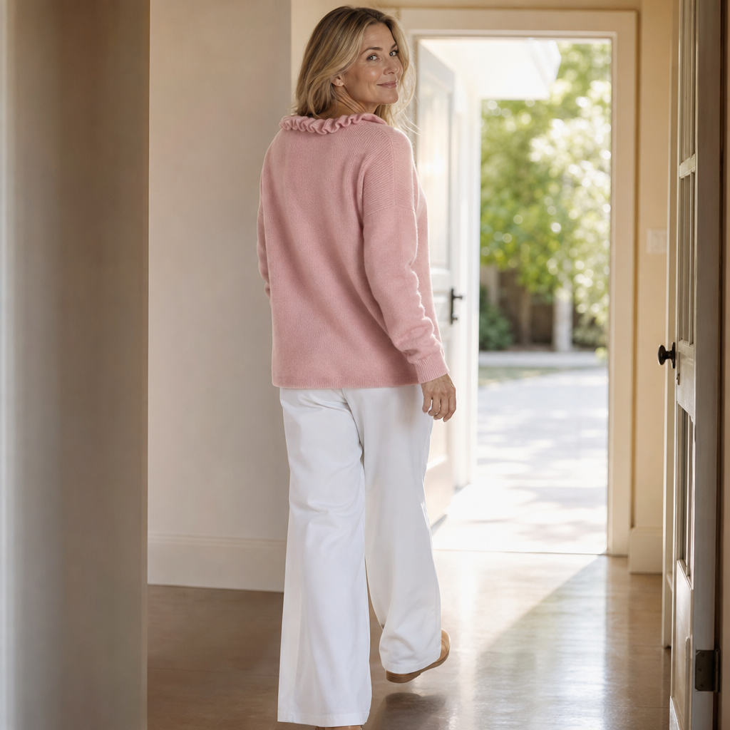 Ruchelle – Ruffle Collar Stretch-Knit Cardigan