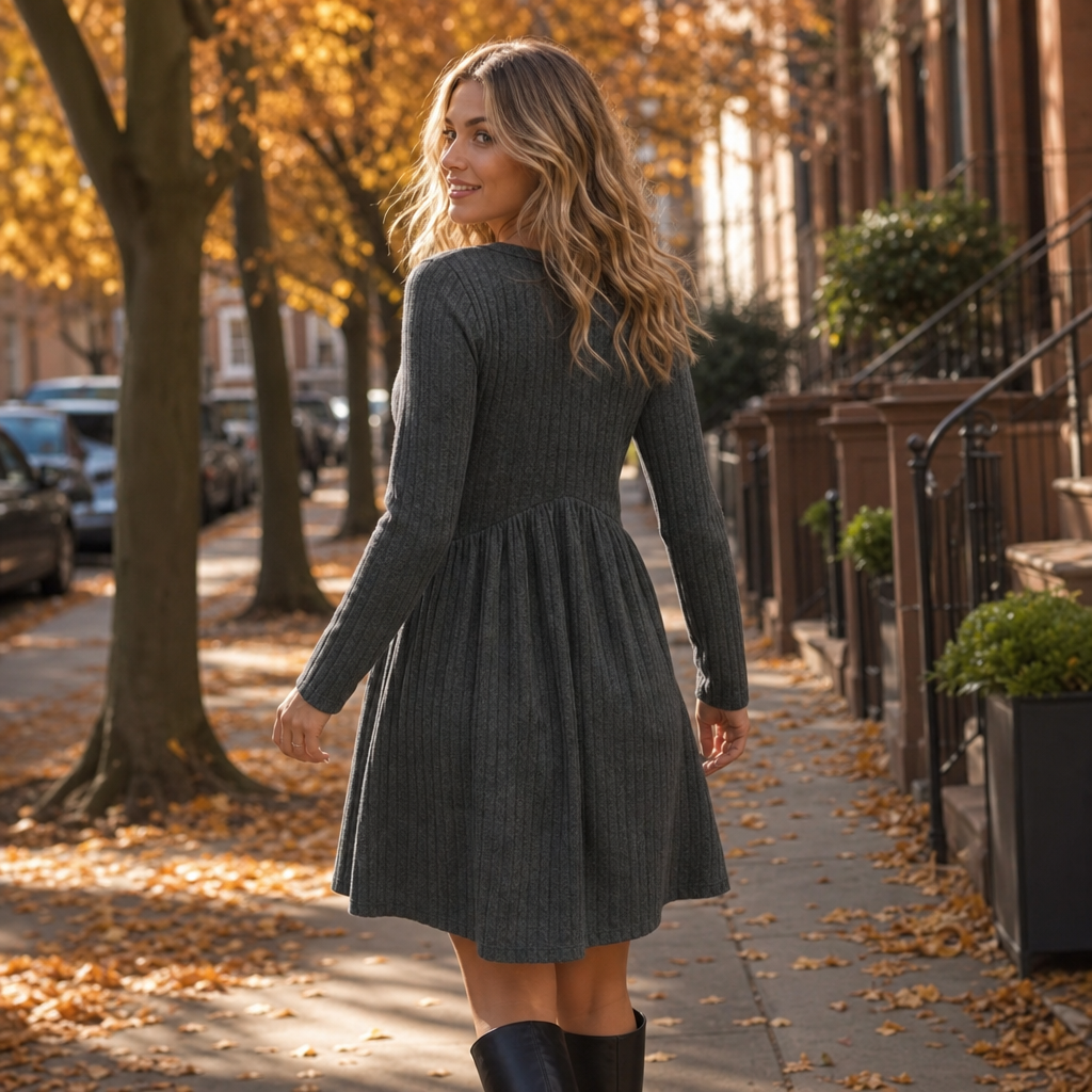 Arlina – High-Waist Ribbed Knit A-Line Midi Dress