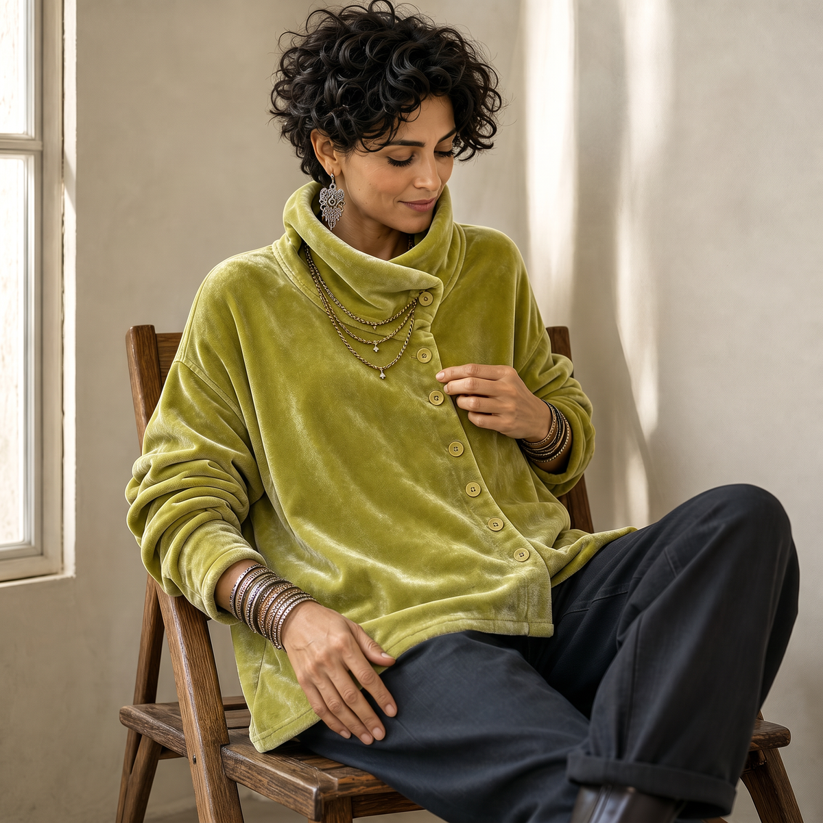 Velvara – Asymmetric Button Velvet Turtleneck Top