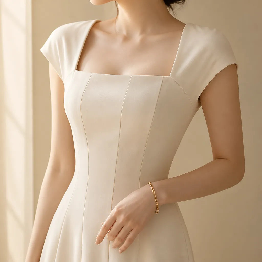 Sculptara – Square Neck A-Line Midi Dress with Sculpted Waist
