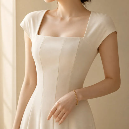 Sculptara – Square Neck A-Line Midi Dress with Sculpted Waist