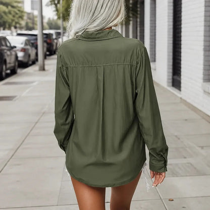 Lapelle – Loose Lapel Button-Down Shirt with Flap Pockets, Wrinkle-Free Long Sleeve Top for Women