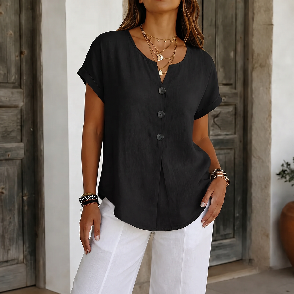 Woodelle – Relaxed V-Neck Blouse with Wood-like Buttons for Women