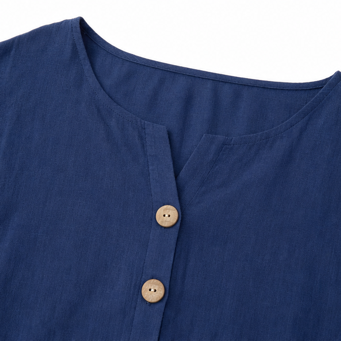 Woodelle – Relaxed V-Neck Blouse with Wood-like Buttons for Women