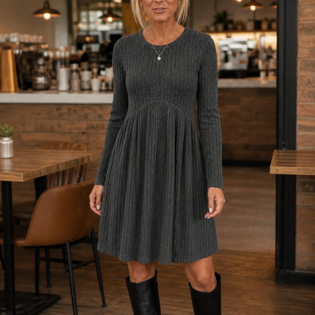 Arlina – High-Waist Ribbed Knit A-Line Midi Dress