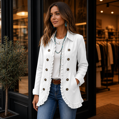 Frillane – Ruffle-Trim Button-Front Denim-Look Jacket