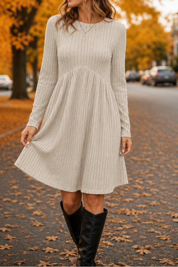 Arlina – High-Waist Ribbed Knit A-Line Midi Dress