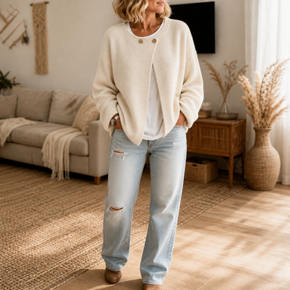 Asymira – Asymmetrical Neck Ribbed Button Cardigan