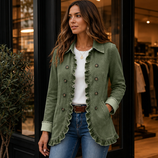 Frillane – Ruffle-Trim Button-Front Denim-Look Jacket
