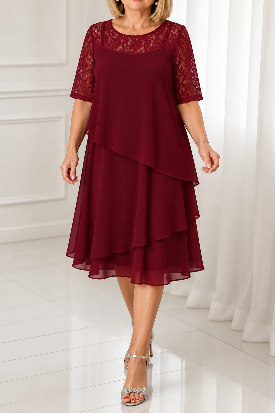 Yokelle – Tiered Lace Yoke High-Waist Midi Dress