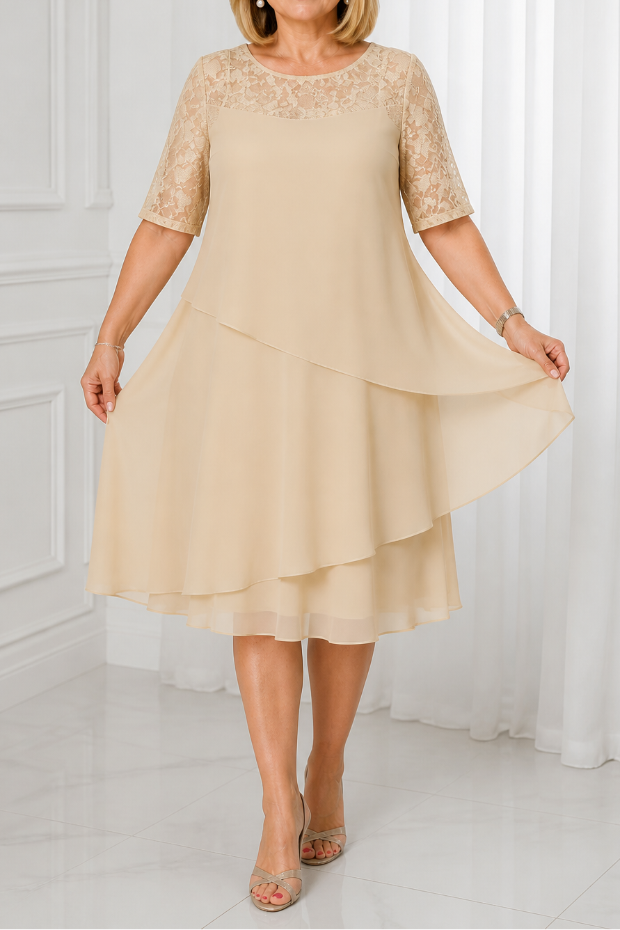 Yokelle – Tiered Lace Yoke High-Waist Midi Dress