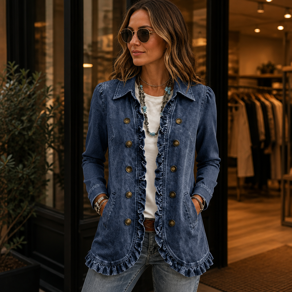 Frillane – Ruffle-Trim Button-Front Denim-Look Jacket