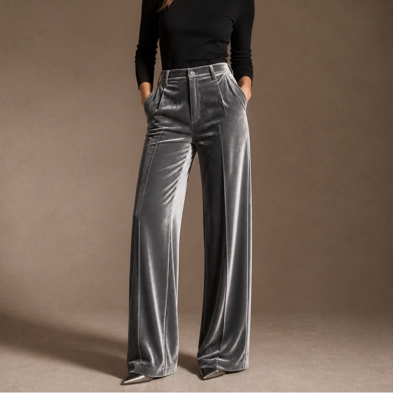Plushara – Velvet High-Waisted Wide-Leg Trousers