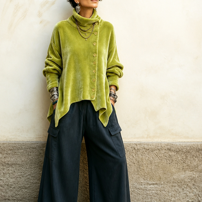 Velvara – Asymmetric Button Velvet Turtleneck Top