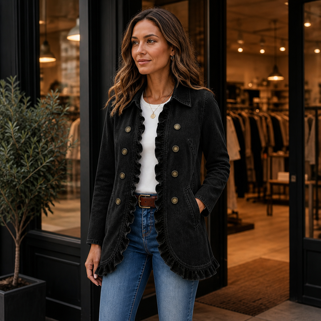 Frillane – Ruffle-Trim Button-Front Denim-Look Jacket