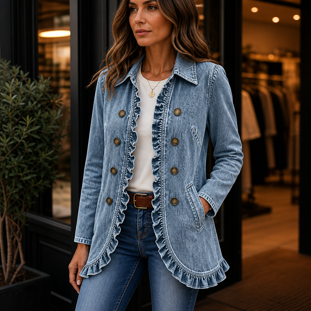 Frillane – Ruffle-Trim Button-Front Denim-Look Jacket