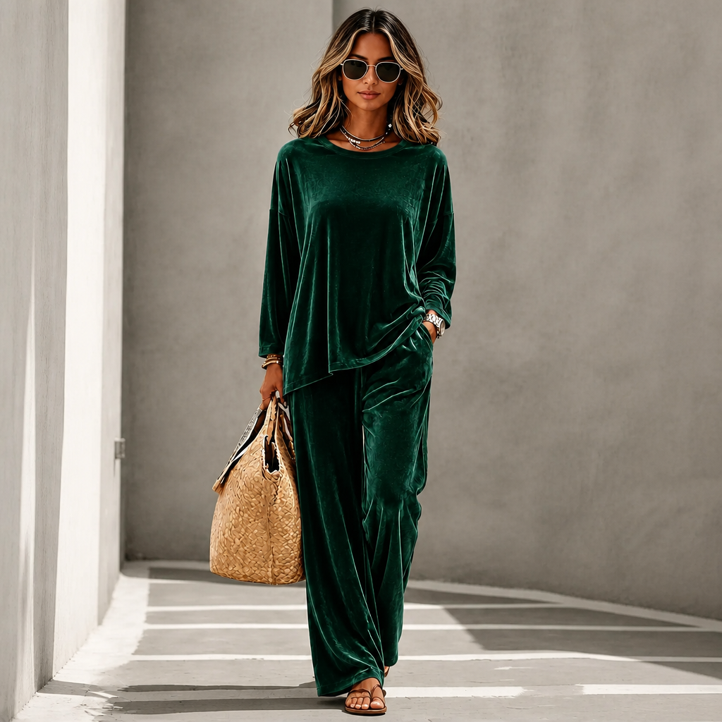 Plumora – Wide-Leg Velvet-Look Top And Trouser Set