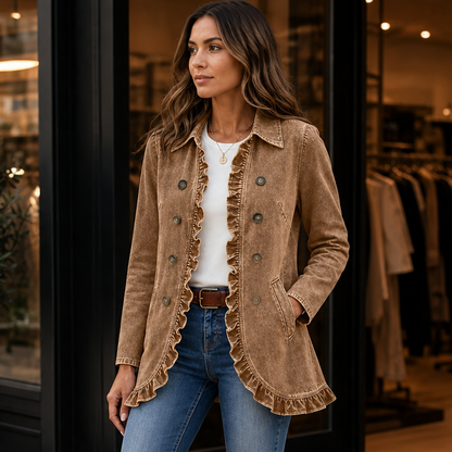 Frillane – Ruffle-Trim Button-Front Denim-Look Jacket