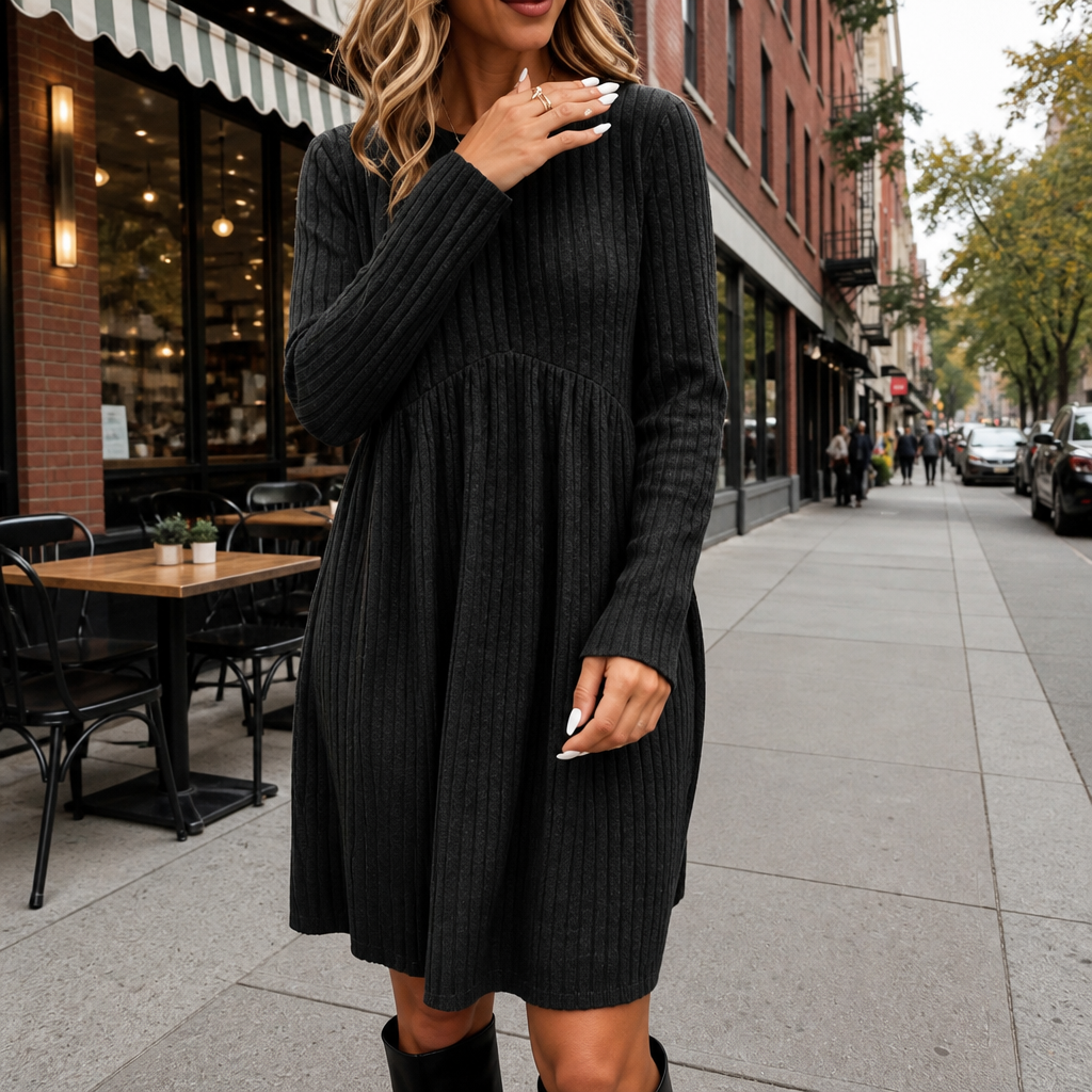 Arlina – High-Waist Ribbed Knit A-Line Midi Dress