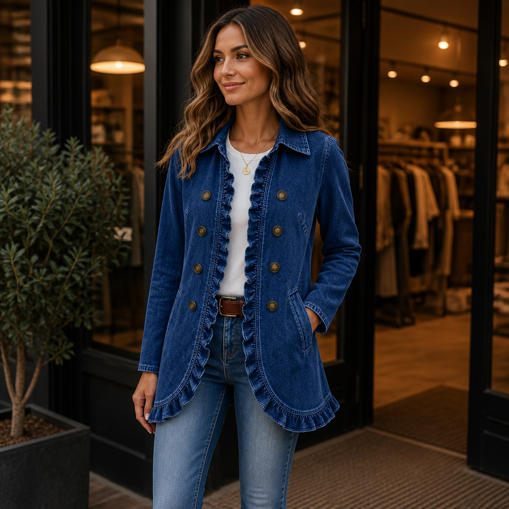 Frillane – Ruffle-Trim Button-Front Denim-Look Jacket