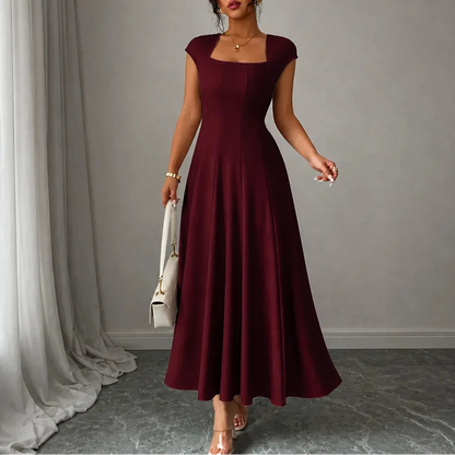 Sculptara – Square Neck A-Line Midi Dress with Sculpted Waist
