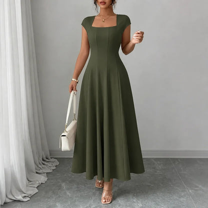 Sculptara – Square Neck A-Line Midi Dress with Sculpted Waist